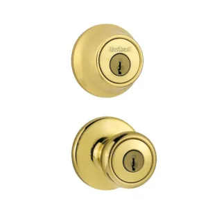Kwikset Tylo Polished Brass Entry Door Knob and Double Cylinder Deadbolt Combo