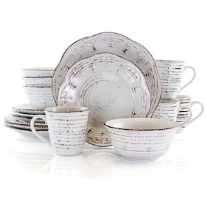 Elama 16-Piece Luna Embossed Scalloped White Stoneware Dinnerware Set