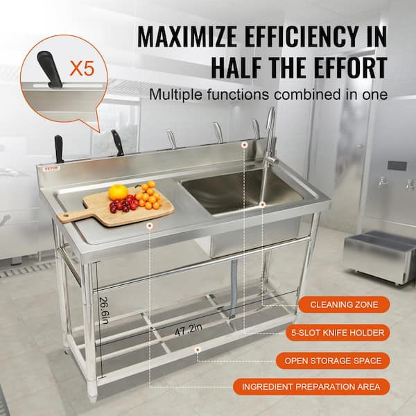 VEVOR Stainless Steel Utility Sink 47.2 x 19.7 x 37.4 in. Commercial Single Bow