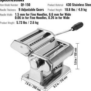 VEVOR Manual Pasta Machine, Durable Stainless Steel Rollers and Blade, 9 Levels
