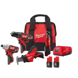 M12 12V Lithium-Ion Cordless Combo Kit (4-Tool) w/(2) 1.5Ah Batteries, (1) Charg