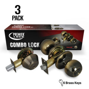 Antique Brass Entry Lock Set Door Knob & Deadbolt with 18 KW1 Keys