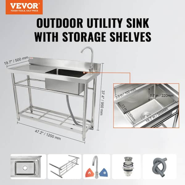 VEVOR Stainless Steel Utility Sink 47.2 x 19.7 x 37.4 in. Commercial Single Bow
