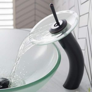 KRAUS Single Hole Single-Handle Low-Arc Glass Waterfall Vessel Bathroom Faucet