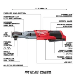 Milwaukee M12 FUEL 12V Lithium-Ion Brushless Cordless 1/2 in. Ratchet