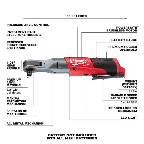 Milwaukee M12 FUEL 12V Lithium-Ion Brushless Cordless 1/2 in. Ratchet