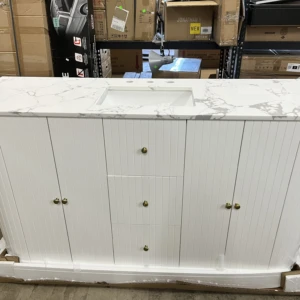 60" White Fluted Bath Vanity With Marble Sink Top